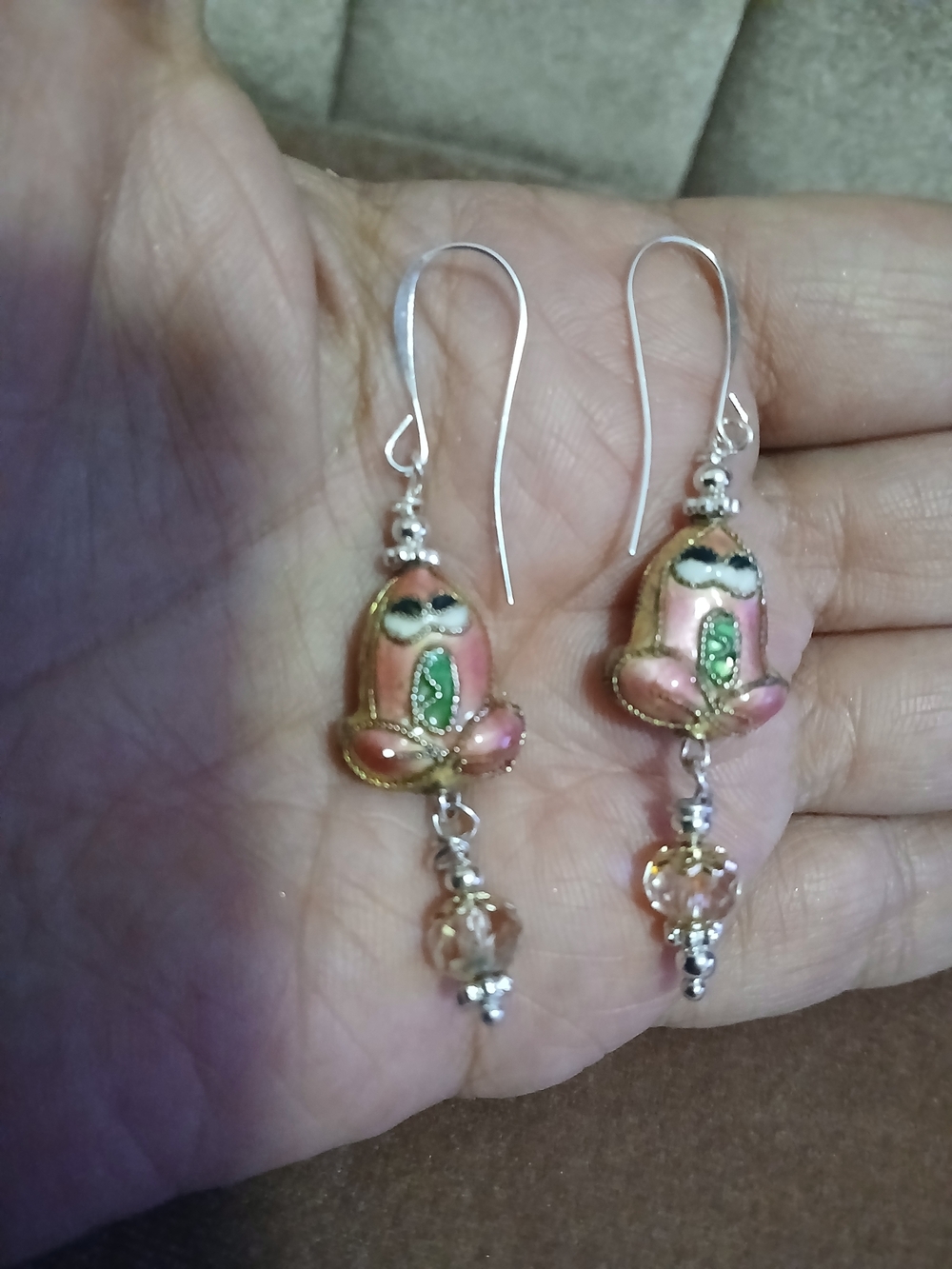 Pink Cloisonné Lotus Drop Earrings - Pink Green Accent